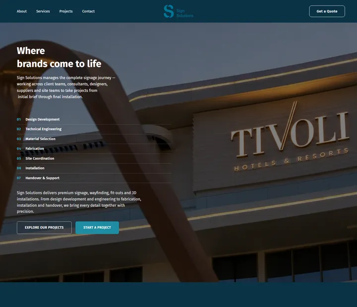 Sign Solutions website homepage, designed and built by deployed